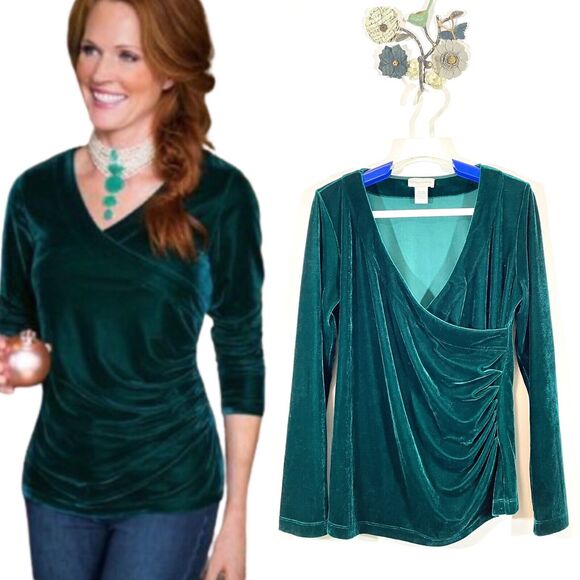 Soft Surroundings Womens Velour Velvet Surplice Faux Wrap Top Green Size Small - Picture 2 of 8